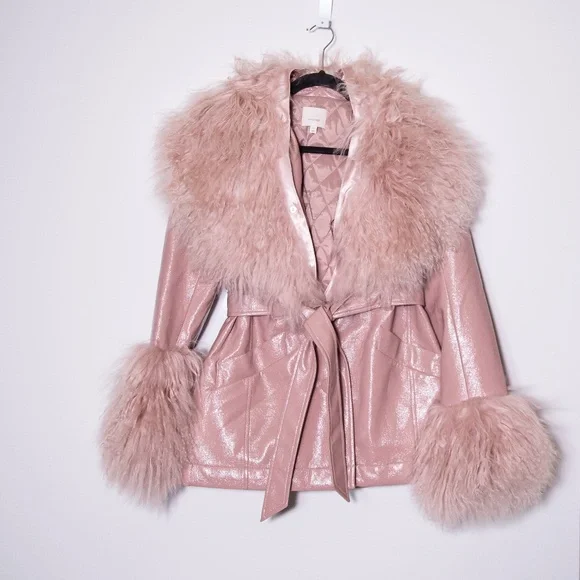 Cinq A Sept Blair Mongolian Lamb Trim Tie Waist Patent Coat Jacket Salt Pink XXS - Picture 1 of 4